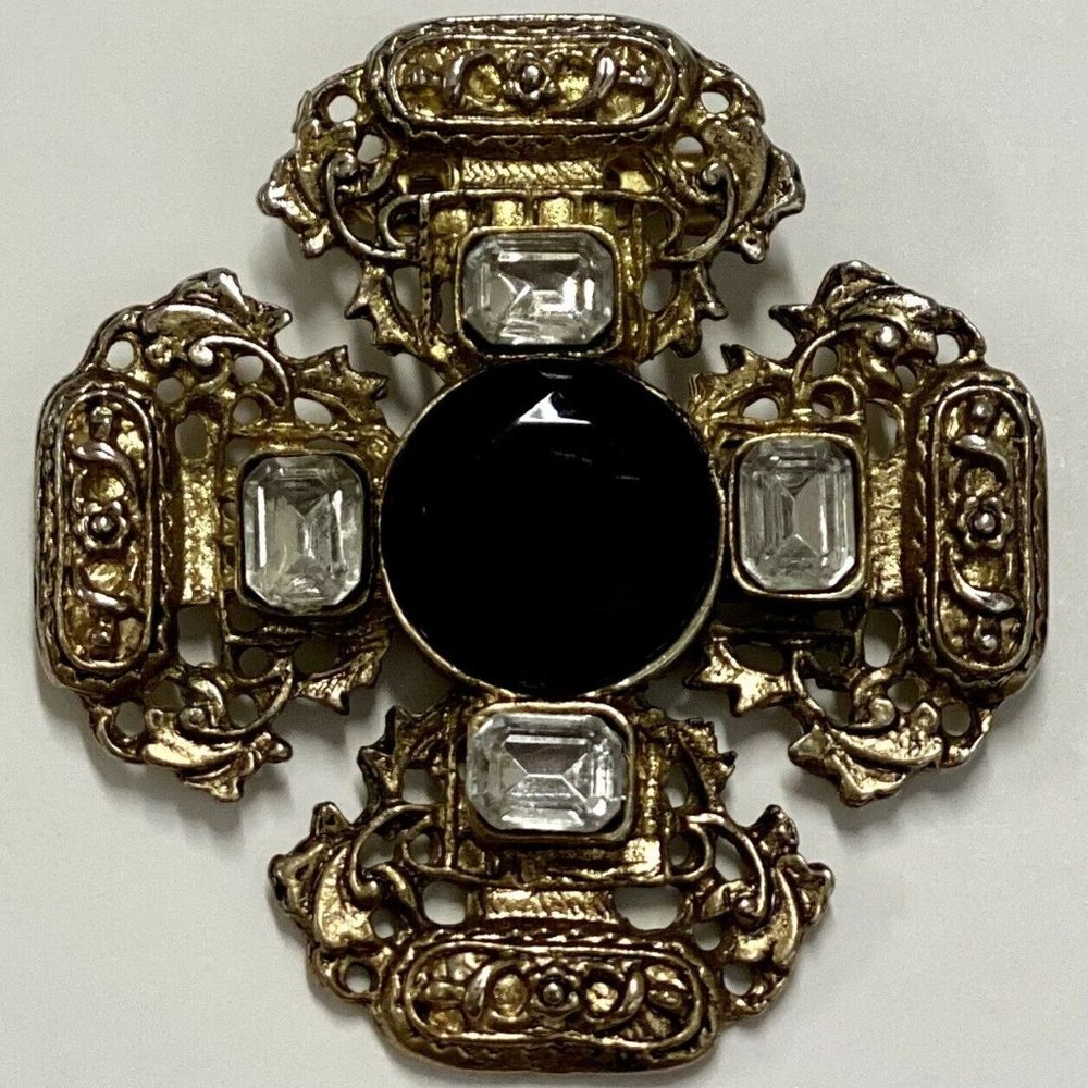 Vintage Averil Onyx Maltese Cross Brooch Pin 1940s